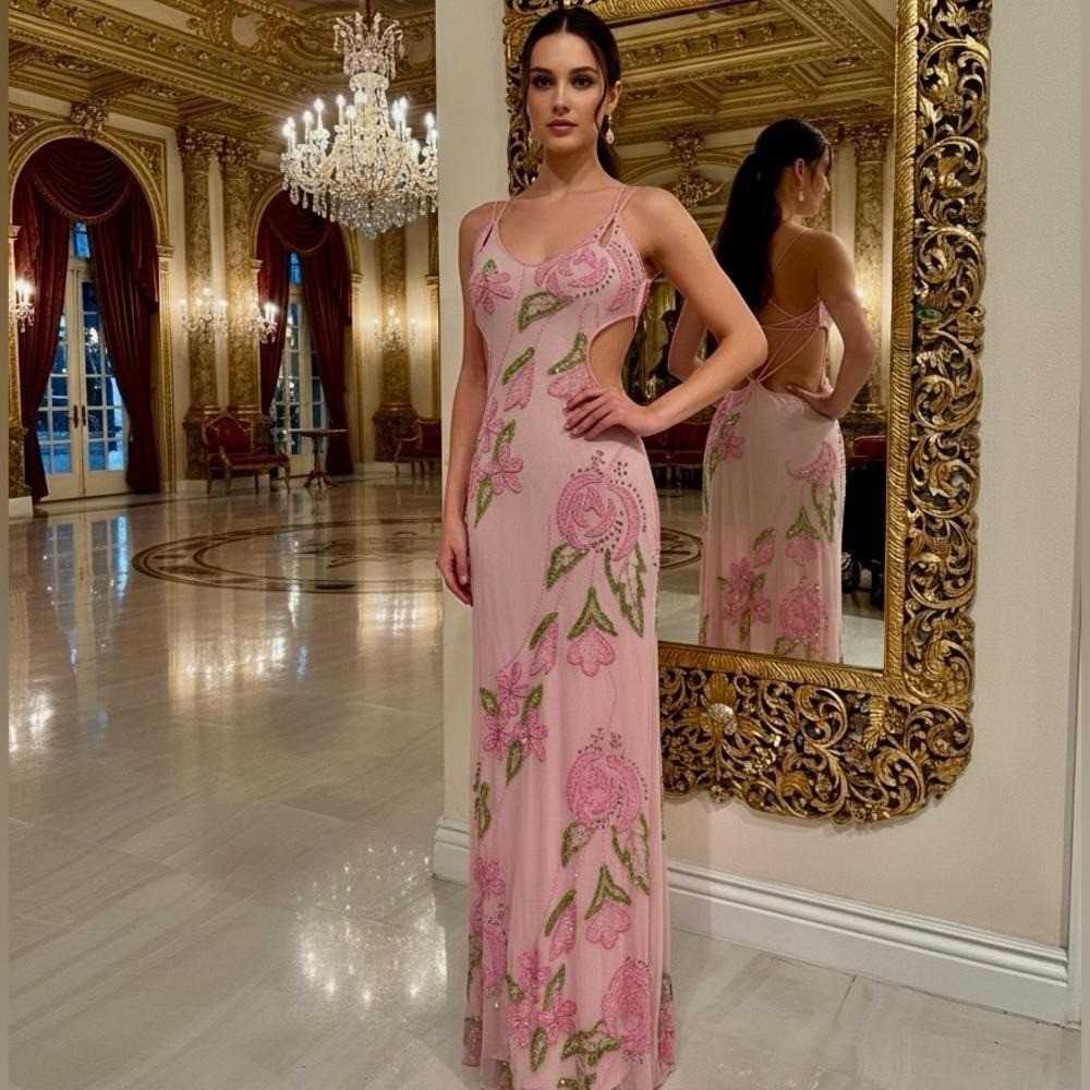 Elegant Pink Floral hand beaded Attitudes by Debra formal gown