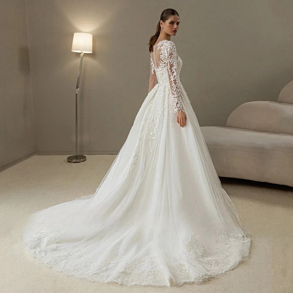 White Wedding Dress Long-sleeve V-neck Pearl Beaded Tulle Lace Appliquéd