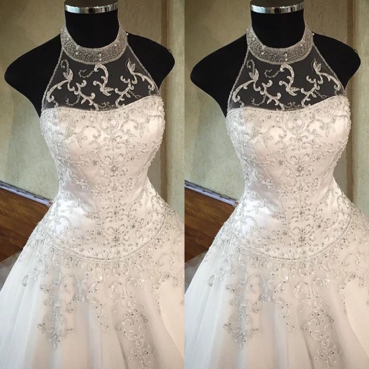 Beading Wedding Dresses Halter Neck Sweep Train Lace Applique A Line Bridal Gown