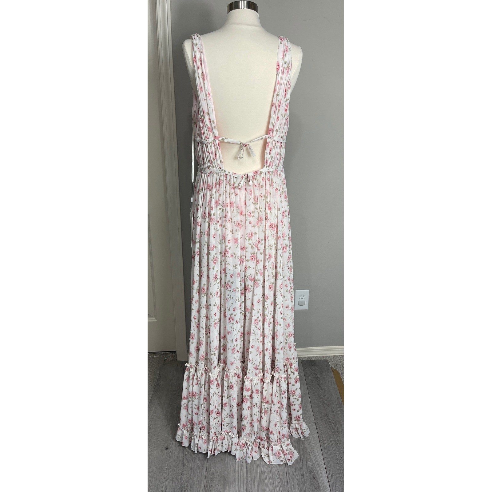 Mac Duggal 50659 Pink Floral Maxi Dress Ruffle Tiered Plunge Formal Dress