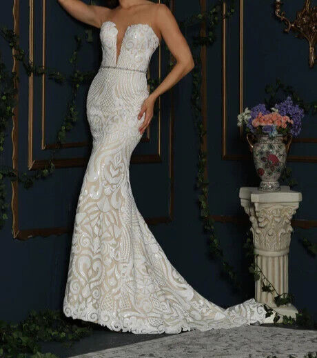 Ashley & Justin 10604 Wedding Dress 10 White & Nude Illusion Sequins Mermaid