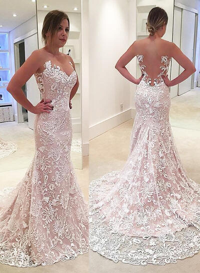 Blush Pink Wedding Dresses Mermaid Strapless Lace Applique Backless Sweep Train