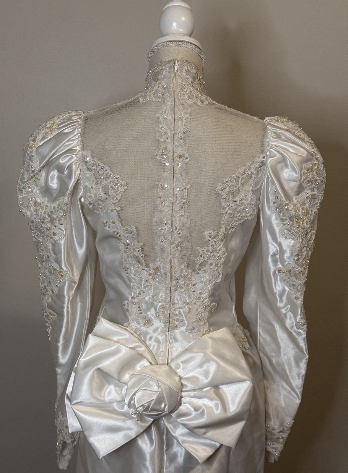 Vtg Mori Lee Satin Wedding Dress High Neck Puffed Sleeves Beading Lace Sz 8