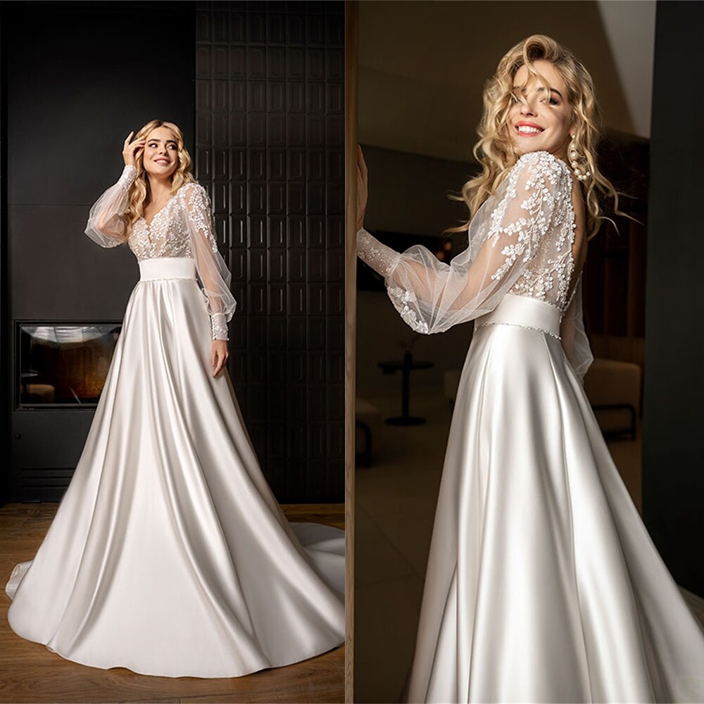 Wedding Dresses Long Sheer Sleeve Lace V Neck Applique Train A Line Backless=-=