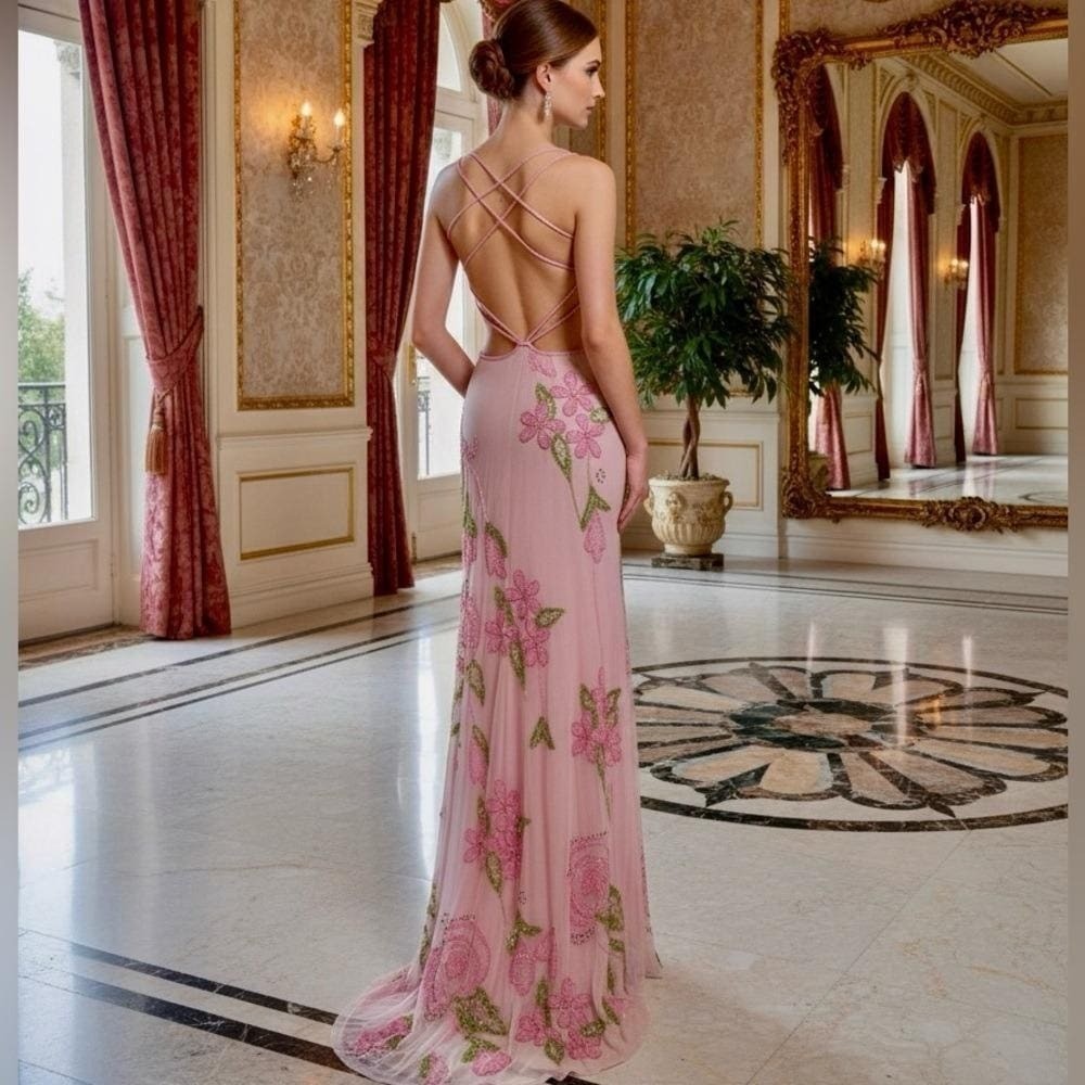 Elegant Pink Floral hand beaded Attitudes by Debra formal gown