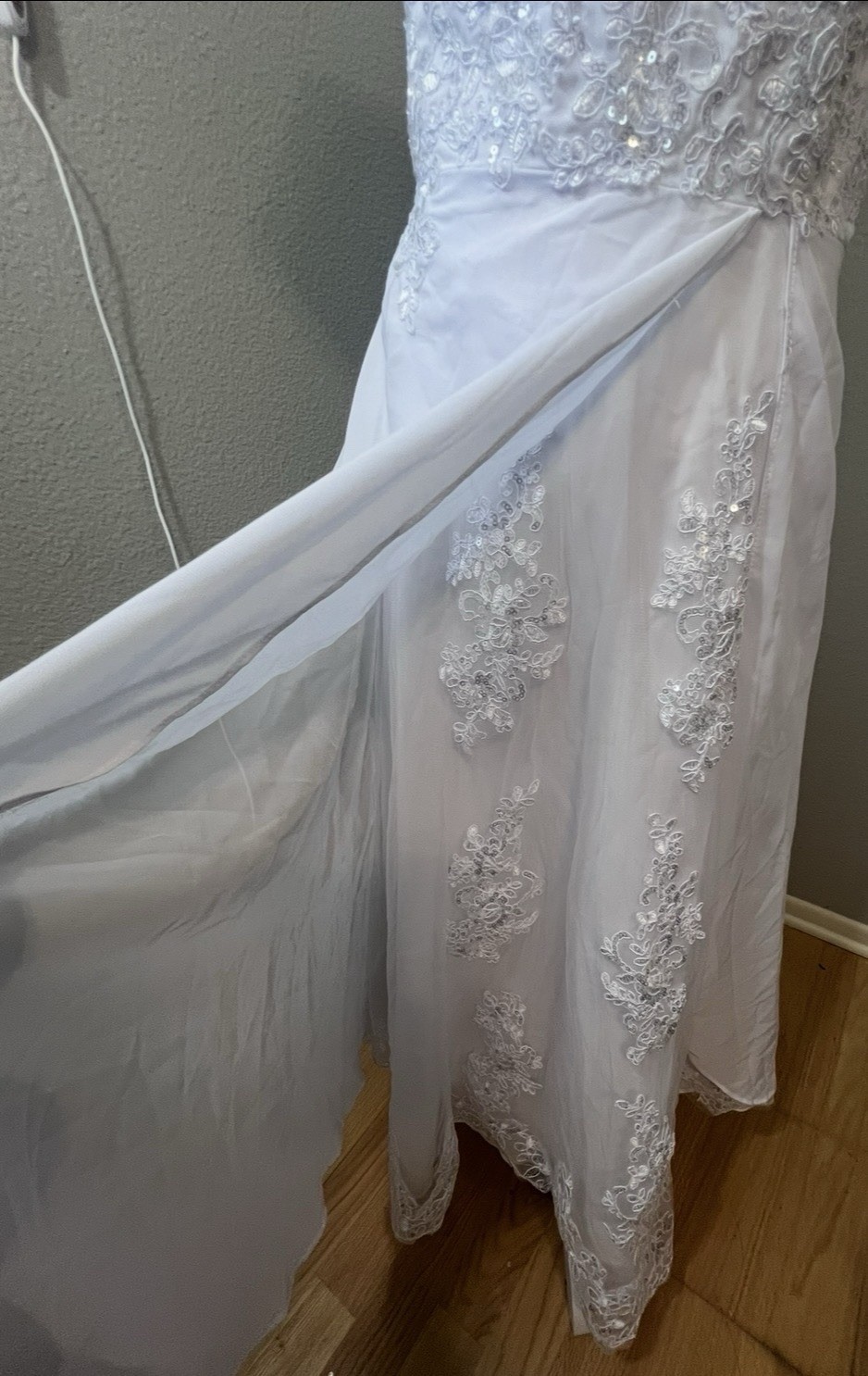 #42-7 White Square Neck Lace Beaded Sequin Wedding Dress Full Length Zip Lrg 14