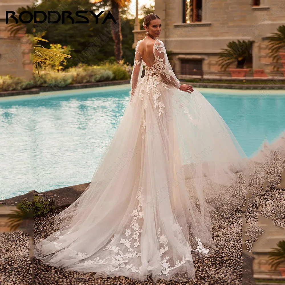 Tulle A Line Wedding Dress Lace Applique Backless Bride Gowns Sweep Train