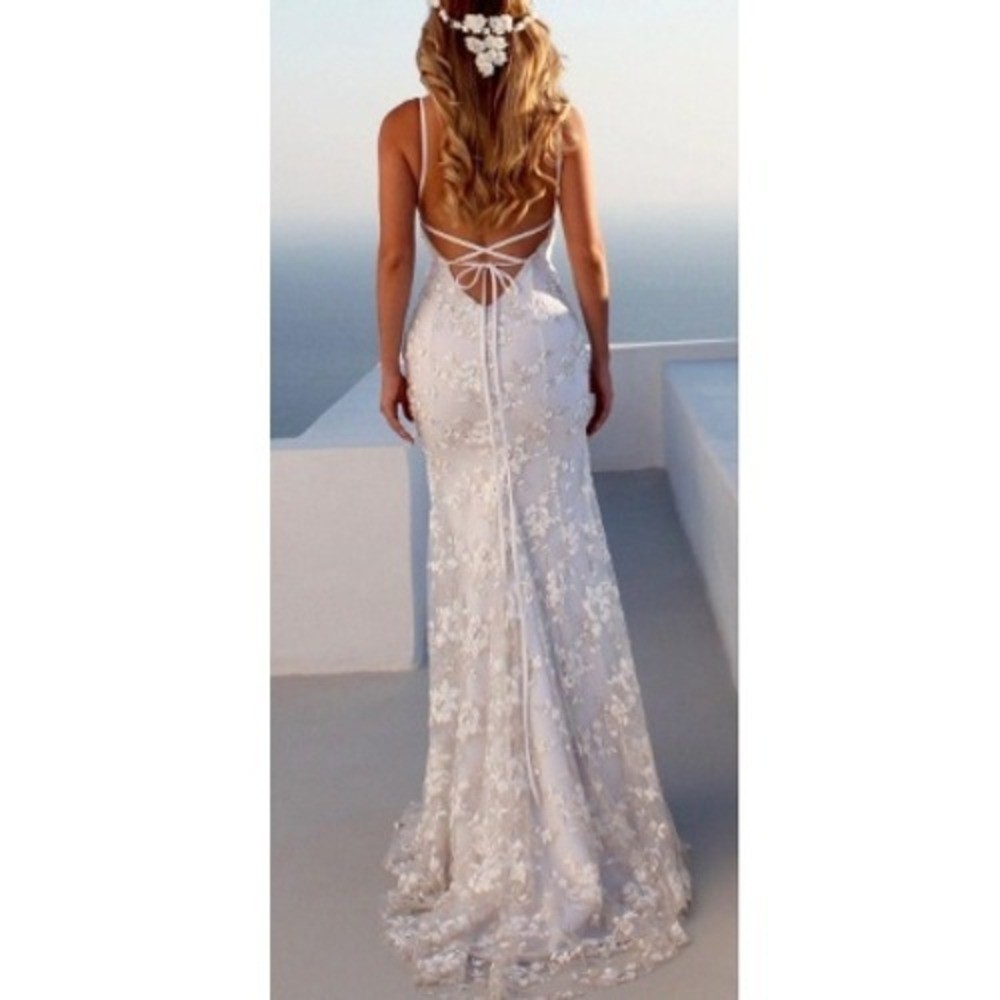 Stacees Women’s Ivory Floral Lace Open Back Spaghetti Strap Bridal Dress NWT