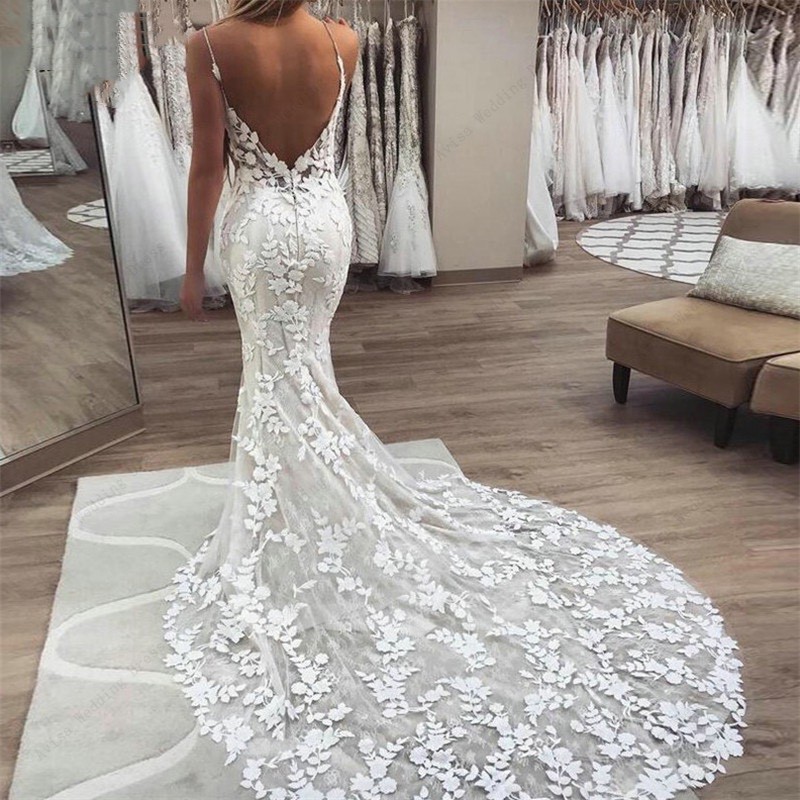 Boho Backless Spaghetti Strap Lace V Neck Mermaid Bridal Gown Wedding Dress