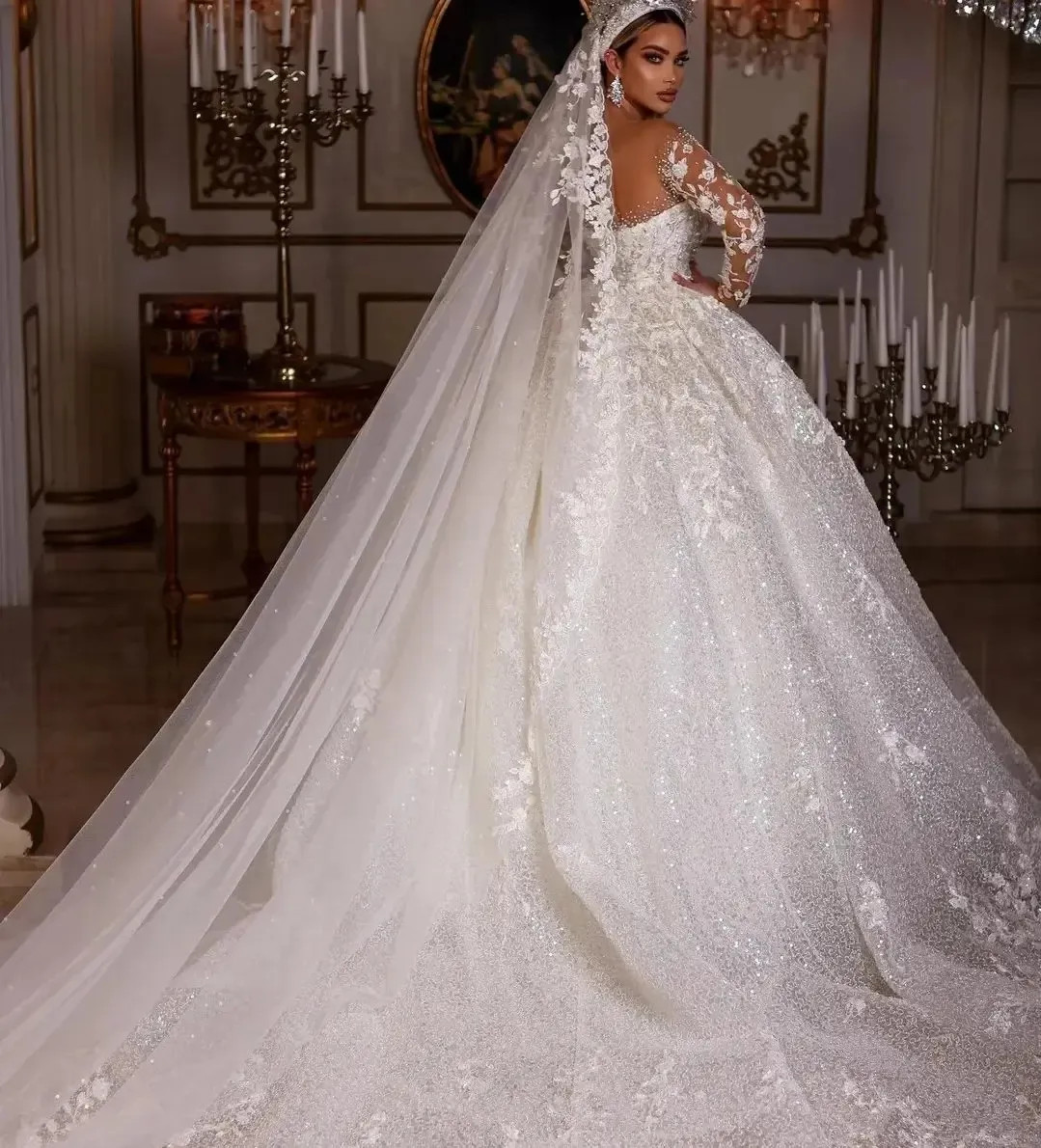 Luxury Sparkly Lace Ball Gown Wedding Dresses Long Sleeves Princess Bridal Gowns