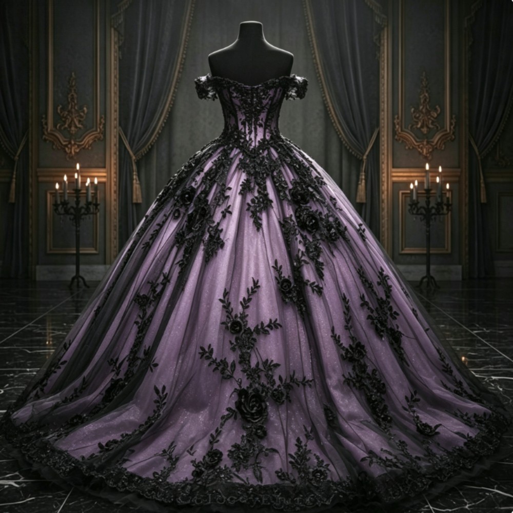 Gothic Off Shoulder Lace Applique Purple Wedding Dress Vintage Black Bridal Gown