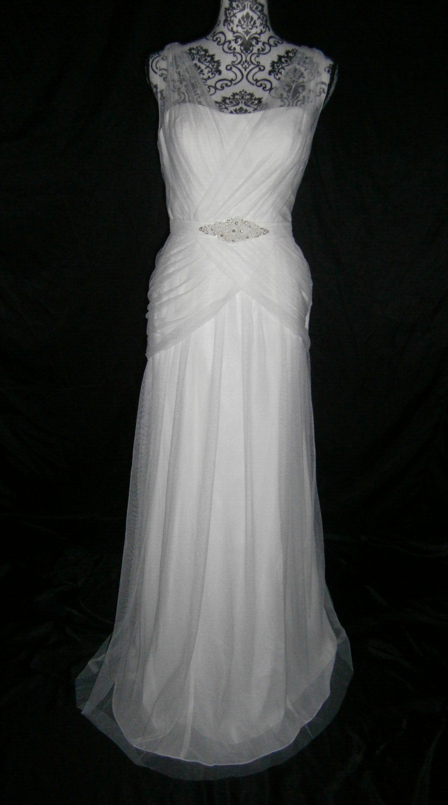 Barijay 200 Wedding Dress Ivory 8 Sheath Swarovski Crystal Tulle Ruching NWT