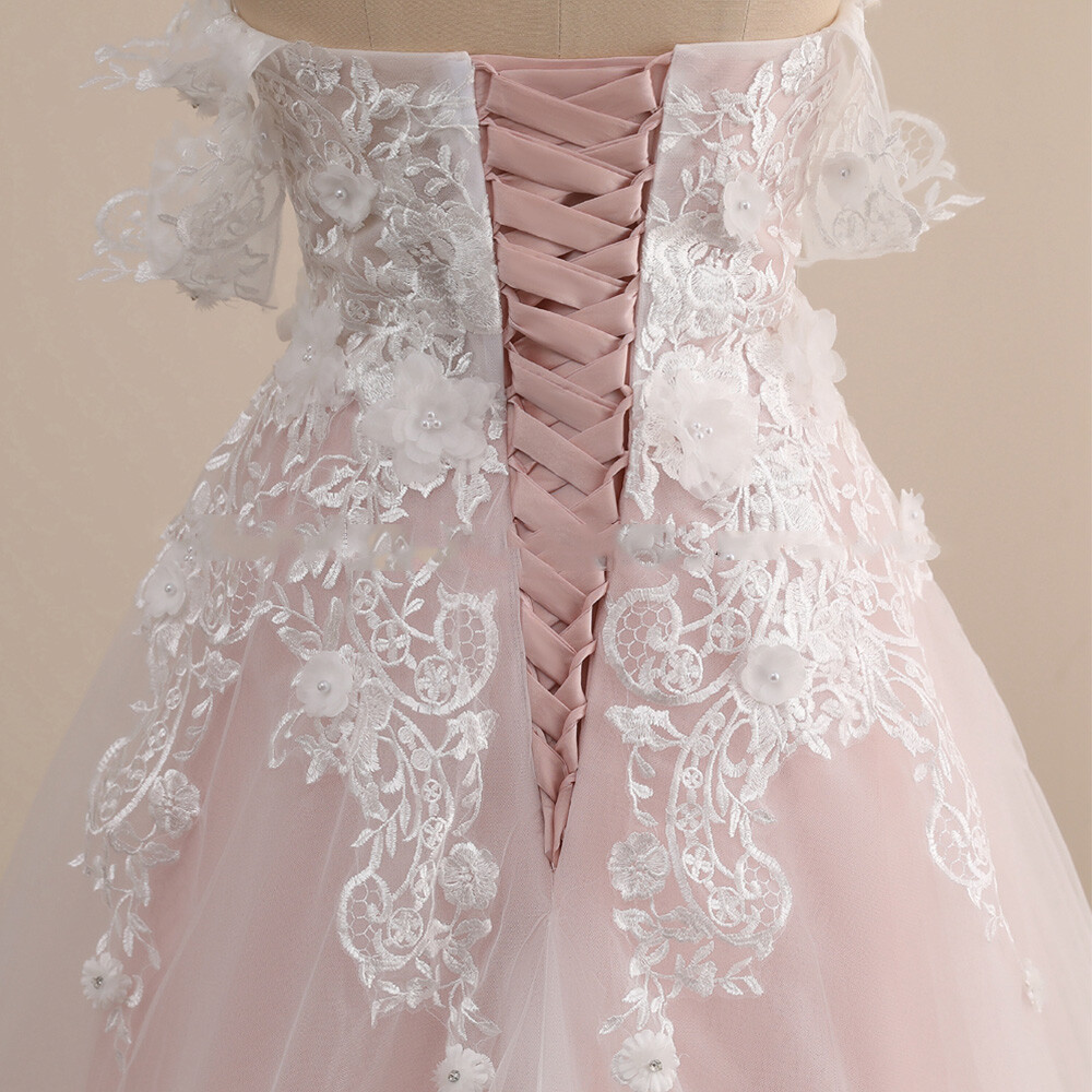 Pink Lace Wedding Dresses 3D Flowers Beaded Off Shoulder Bridal Gown Sweep Train