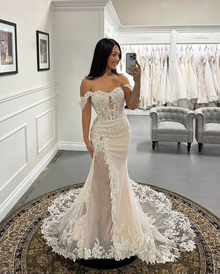 Champagne Wedding Dresses Glitter Beach Sexy Mermaid Off Shoulder Bridal Gowns
