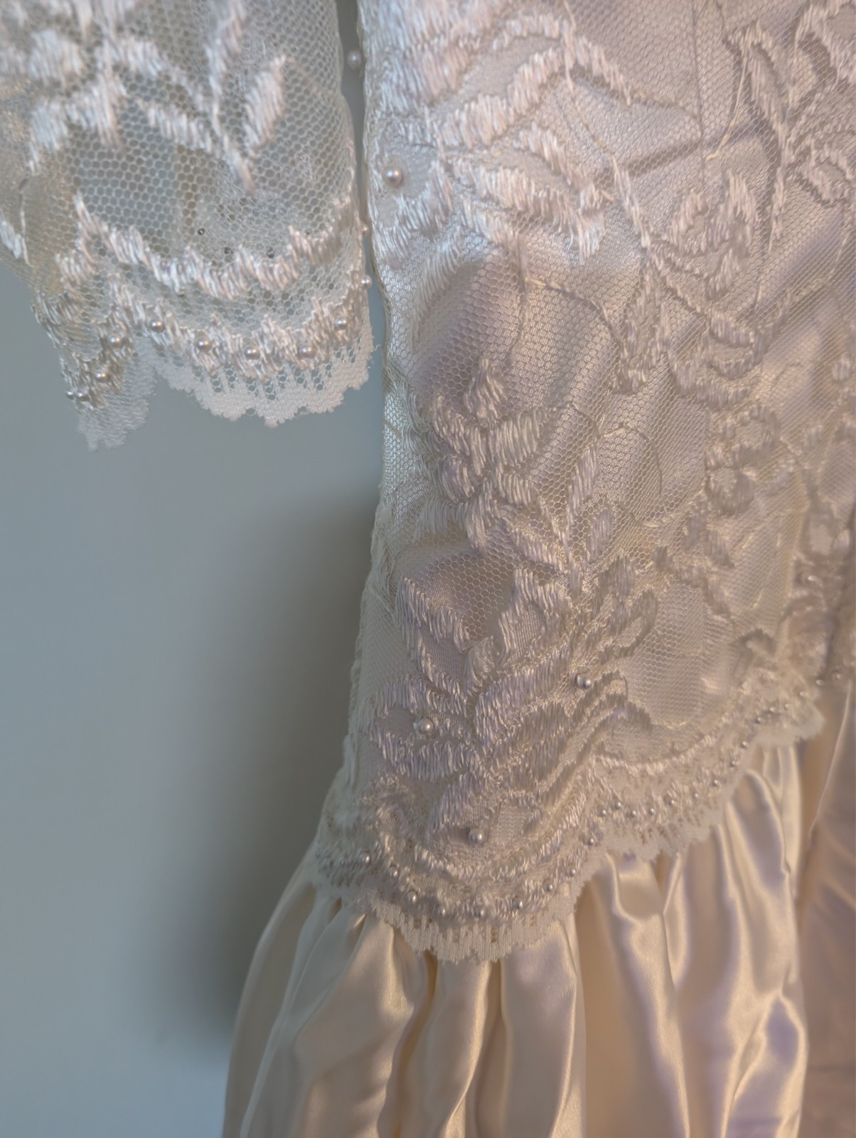 Dessy Creations Vintage 80s Wedding Dress Ivory Lace / Satin High neck &Sleeve