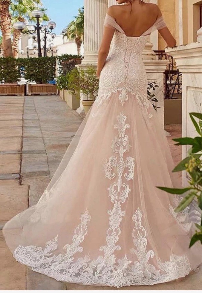 Ivory Off-Shoulder Portrait Lace Mermaid Wedding Dress w/ Train Corset Back
