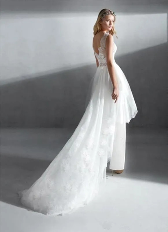 V Neck Lace A Line Wedding Dresses Jumpsuit Tulle Applique Ruched Bridal Gowns