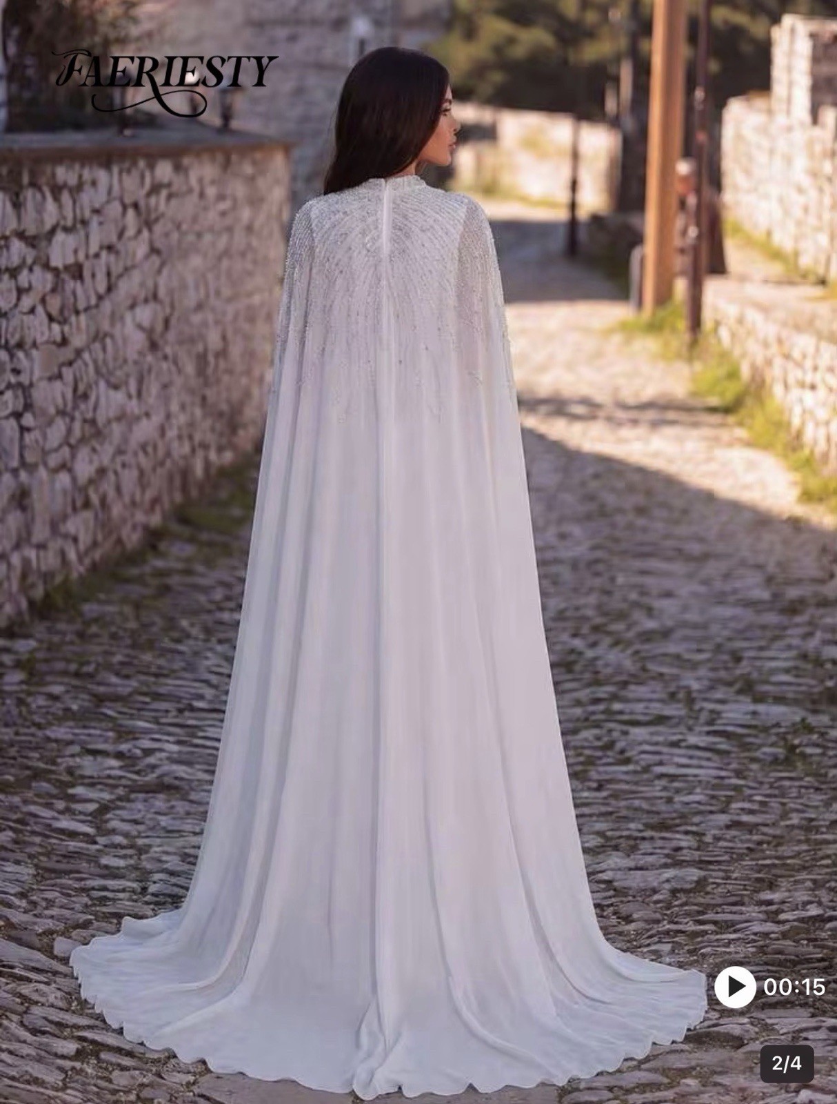Faeriesty White High Neck A-Line Beaded Cape Wedding Dress with Train-XL
