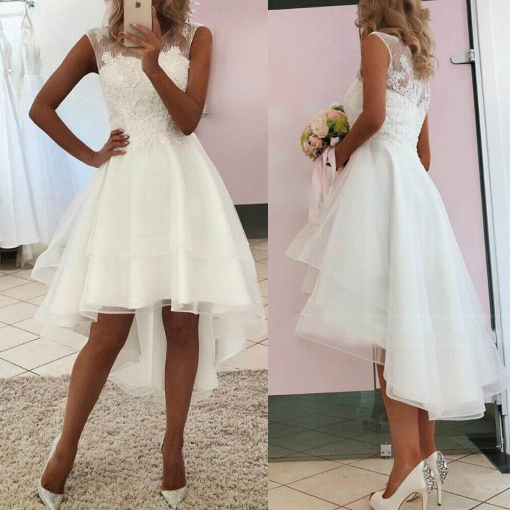 Short Wedding Dresses White Lace Appliques Beaded Tulle Hi-Low Bridal Gowns New