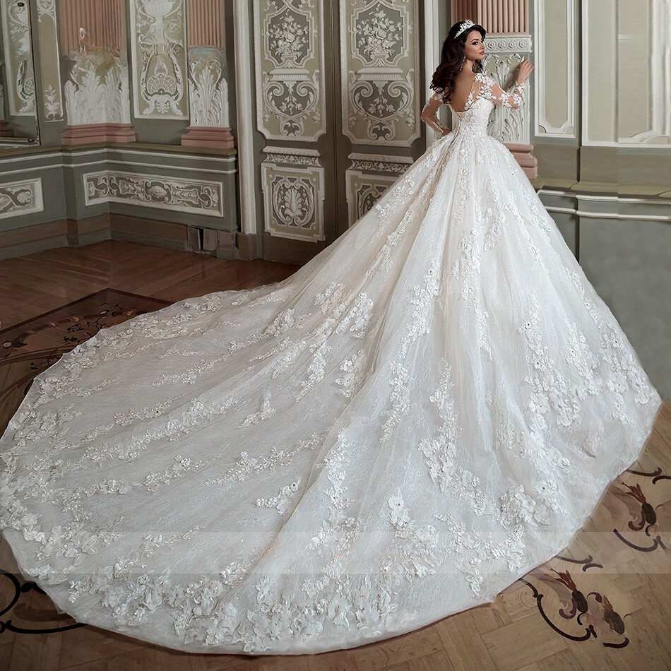 Luxury Ball Wedding Dresses Long Sleeves Applique Princess Bride Gowns