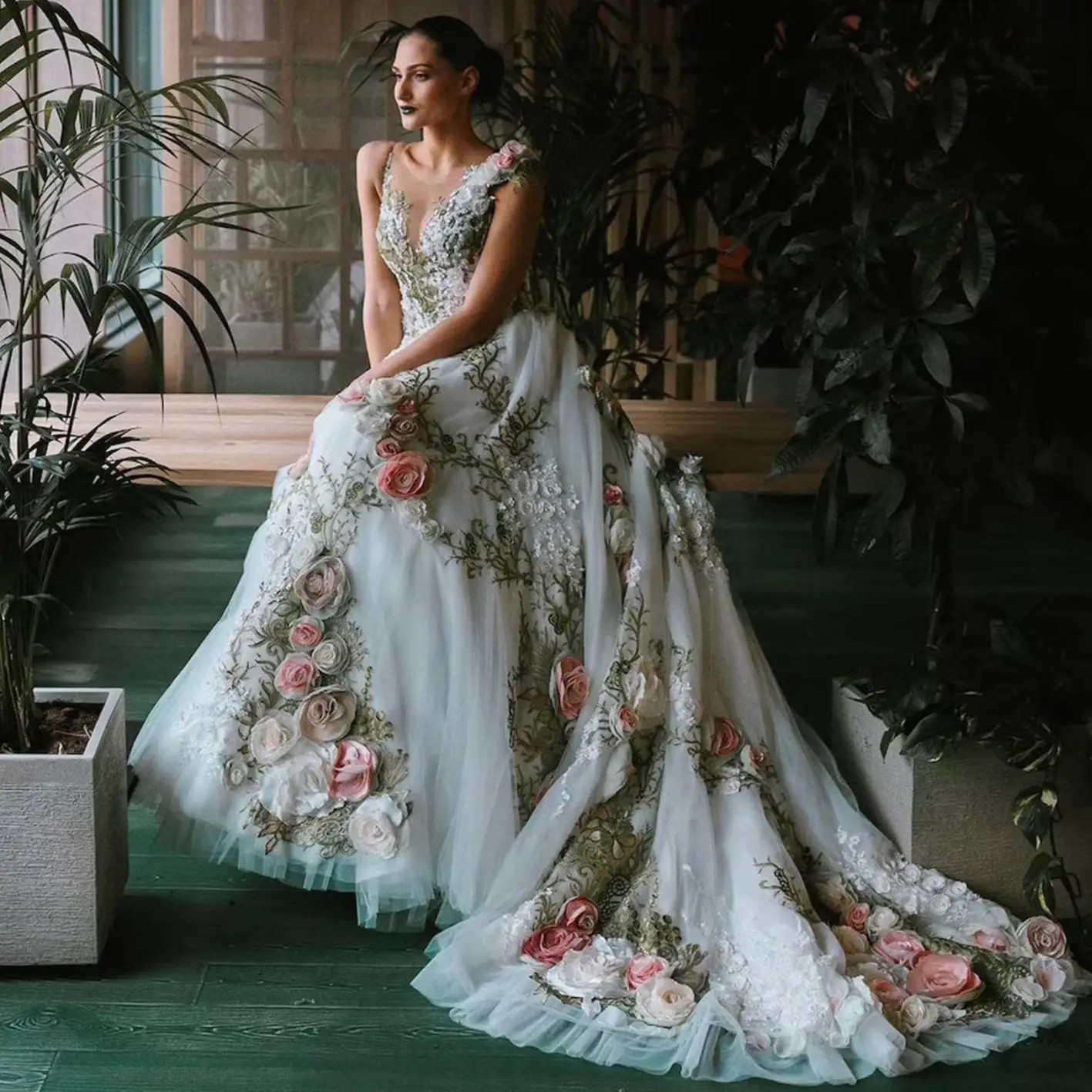 V-neck Wedding Dresses New Design Rose Collection White For Bridal Open Back