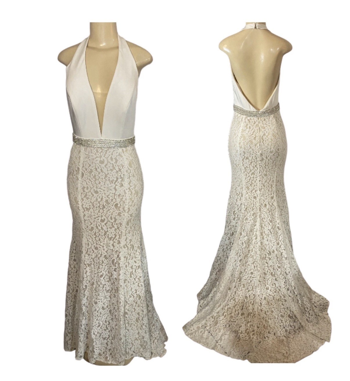 Azaria Bridal Gown Dress Satin halter V-Neck Beaded Belt Trumpet Lace Over Nude