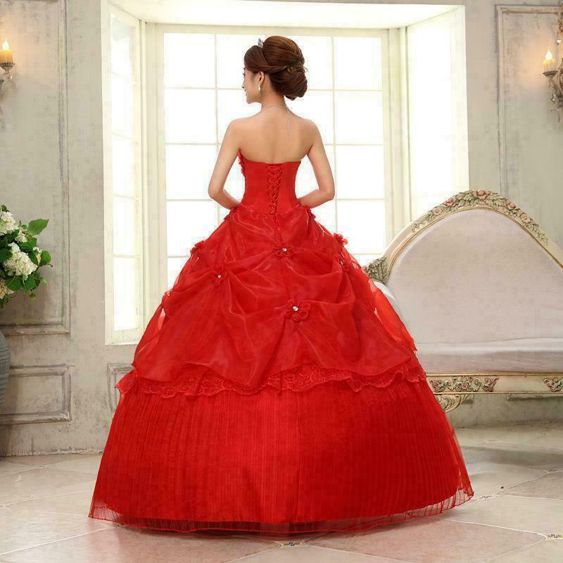 Lady Chic Floral Red Wedding Ball Gown Bride Frock Dress Strapless Elegant