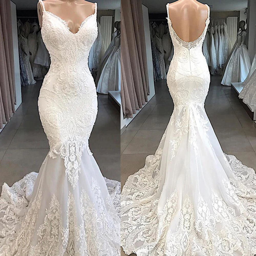 Elegant Mermaid Wedding Dresses Sexy Lace Appliques Sweep Train Bridal Gowns