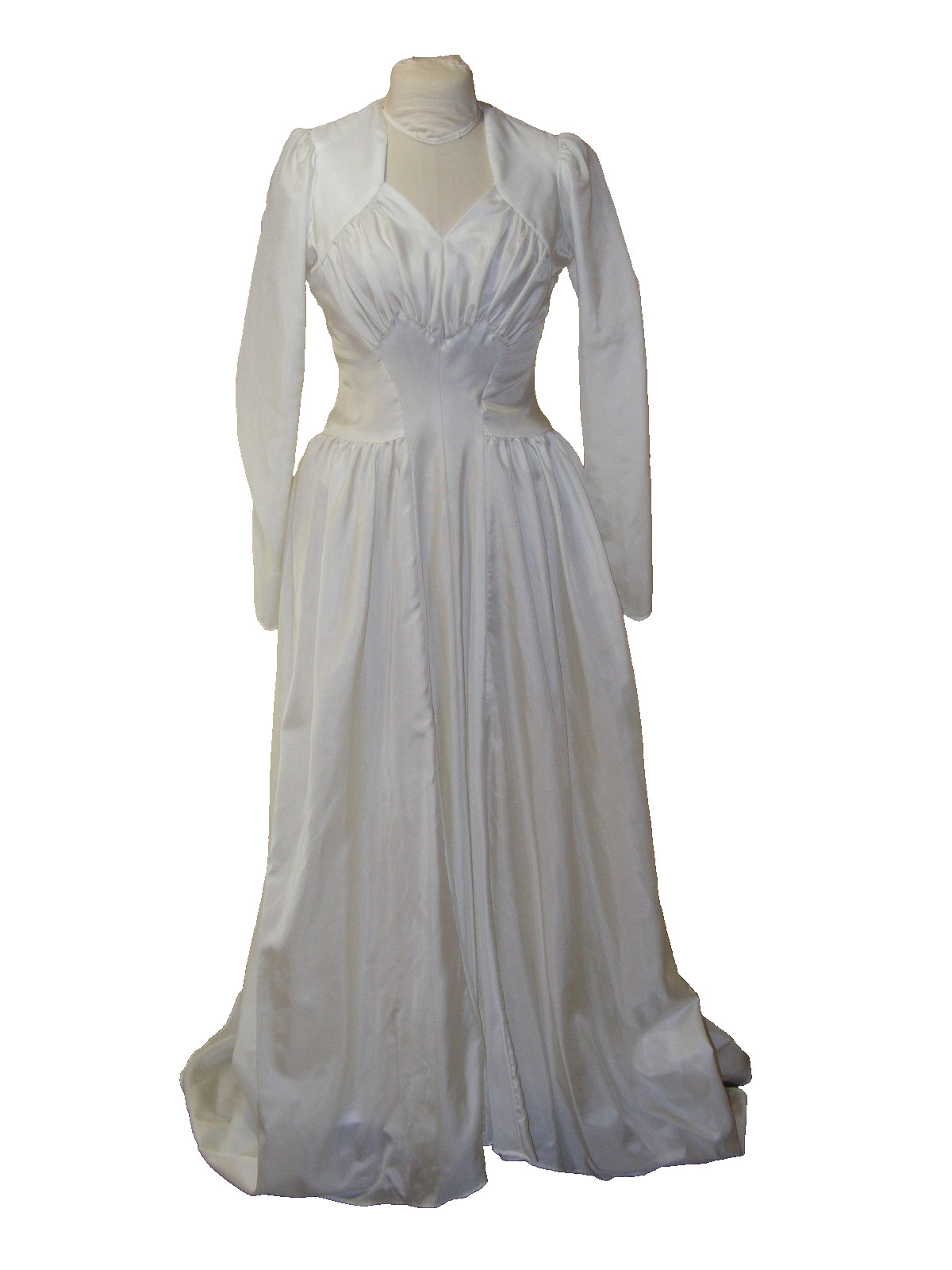 1942 WEDDING DRESS WWII BRIDAL WEAR RAYON FAILLE SWEETHEART NECKLINE LONG TRAIN