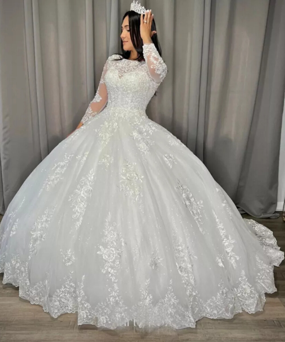 Glitter Wedding Dresses Beaded Appliques Buttons Back Long Sleeve Bridal Gowns