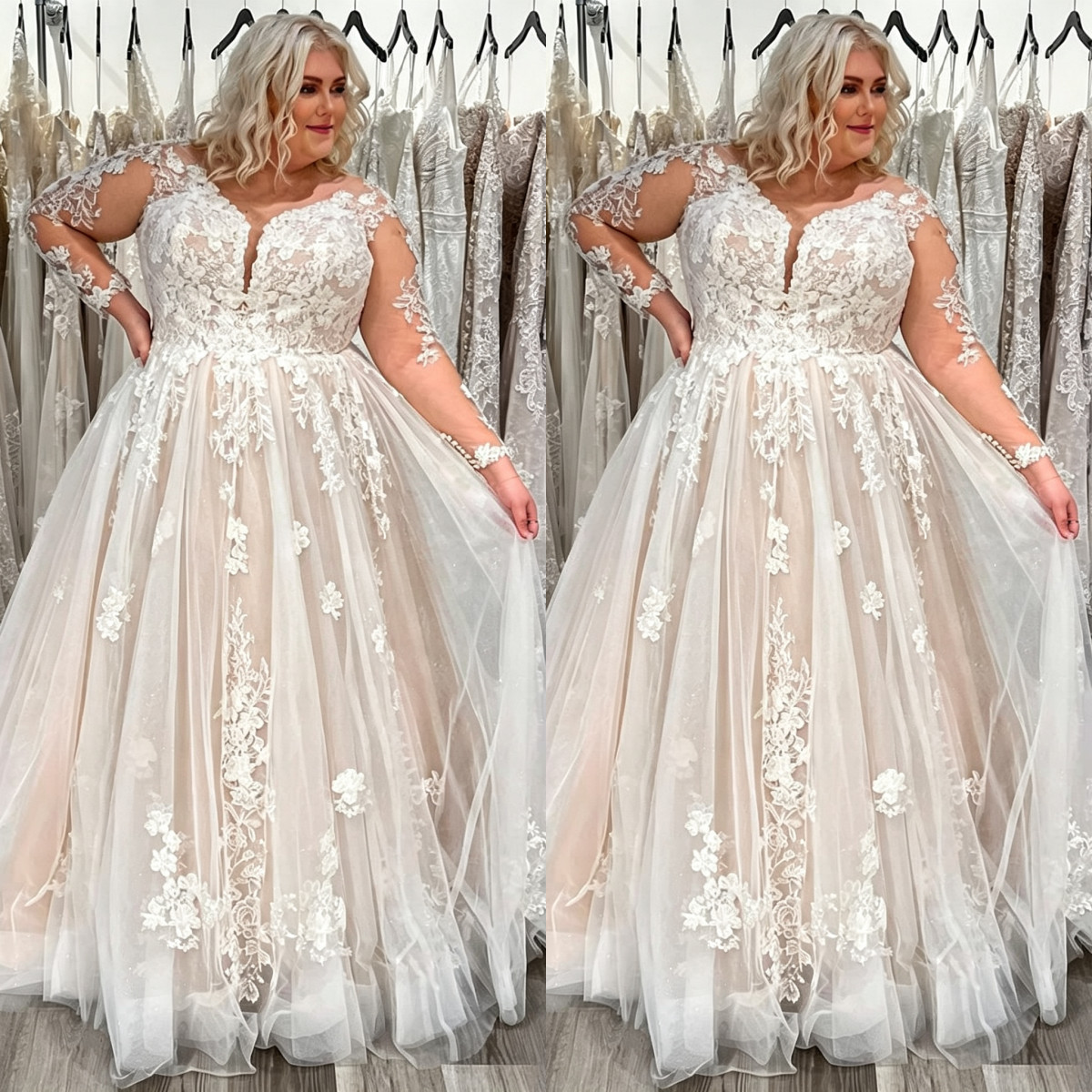 Classic Wedding Dresses Long Sleeves Plus Size Champagne Tulle Beach Bridal Gown