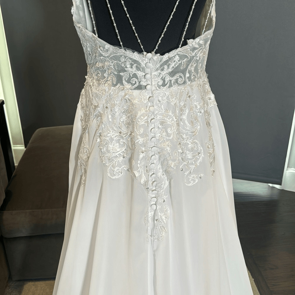 Women’s White Chiffon Wedding Dress Leg Split Zip Up Back Beaded Straps Size 12