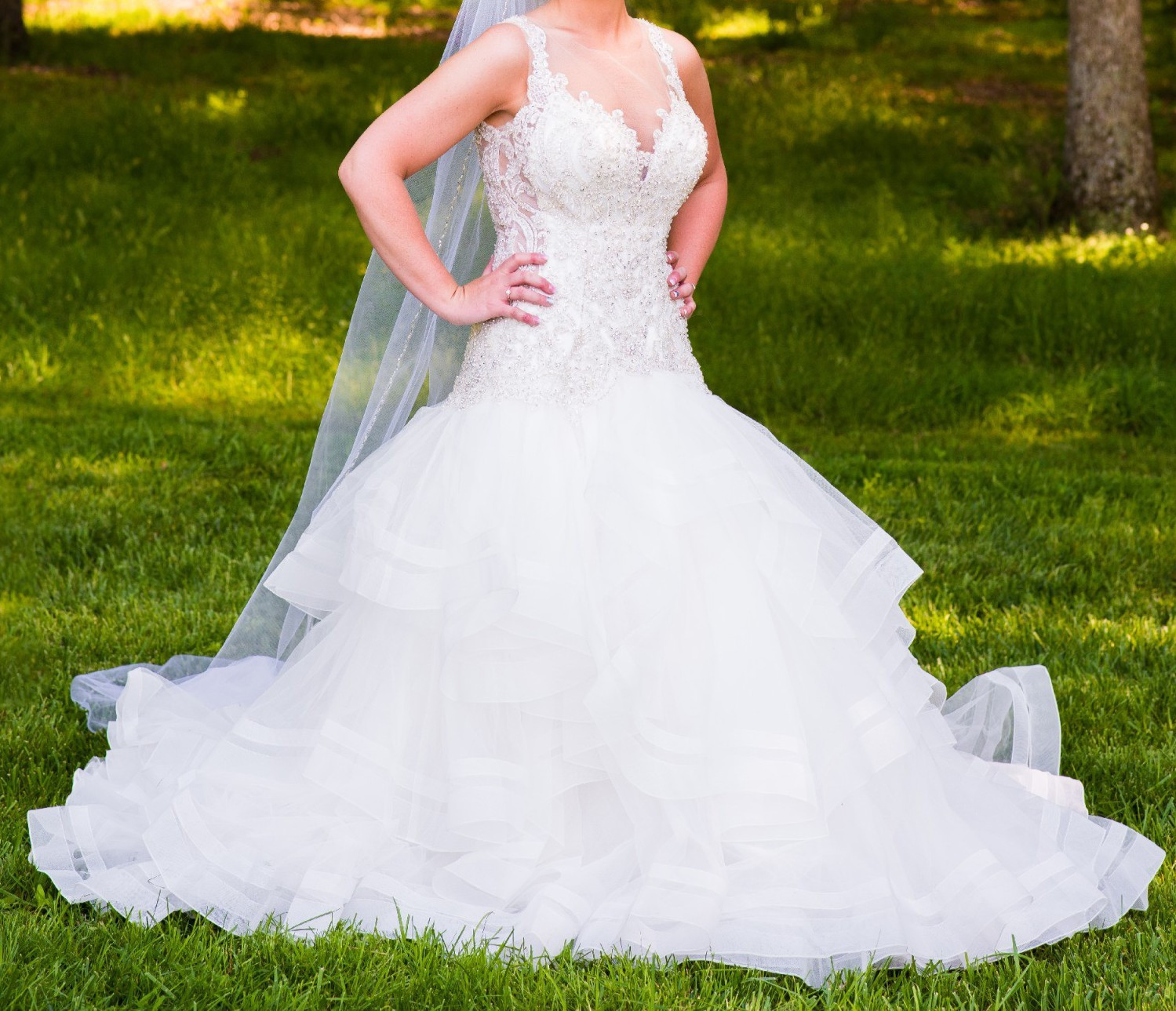 Allure Bridal C405 Wedding Dress Ball Gown 6-10 Mermaid Illusion Ruffles Bling