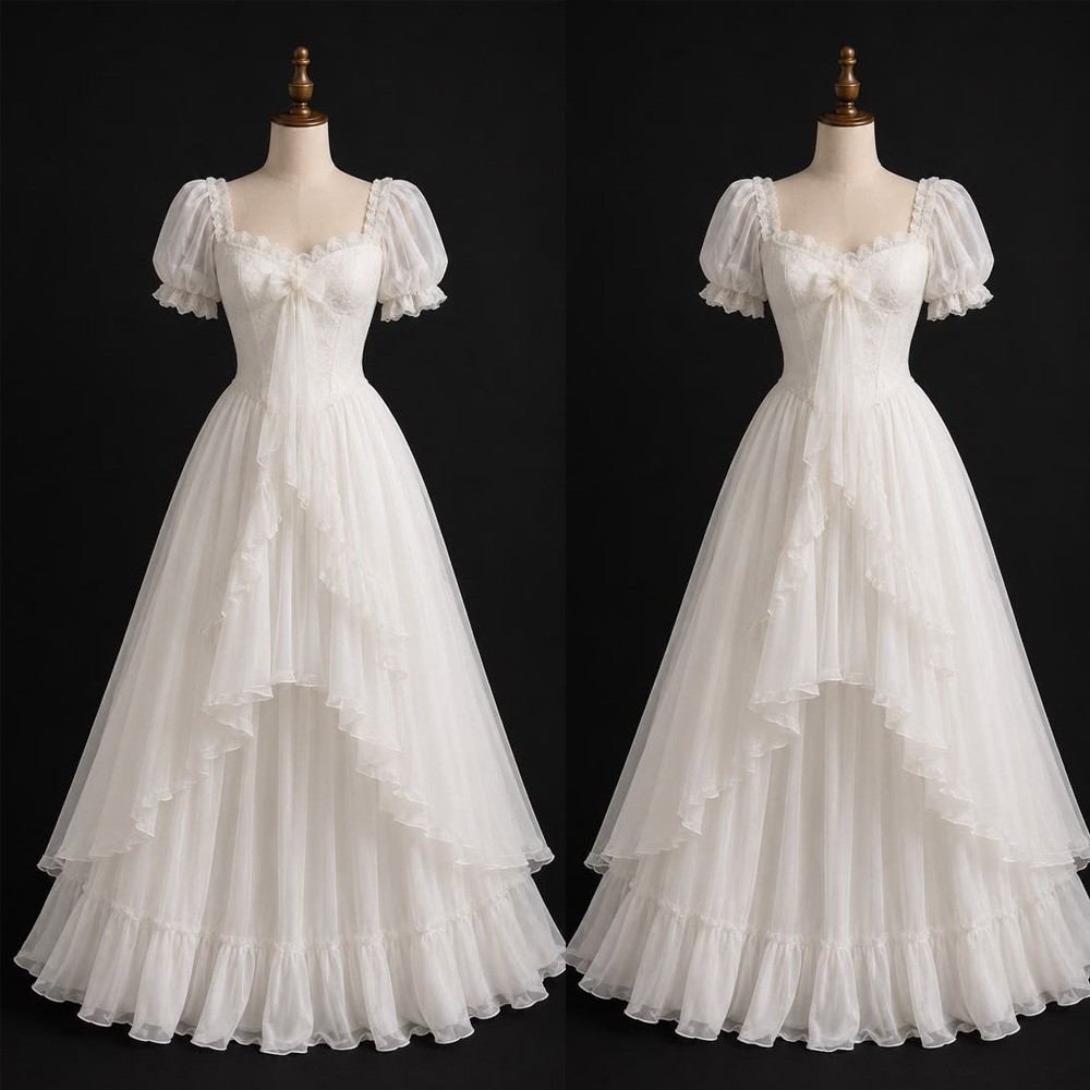 Chiffon Wedding Dresses Short Sleeves Full Length Square Neck Corset Bridal Gown