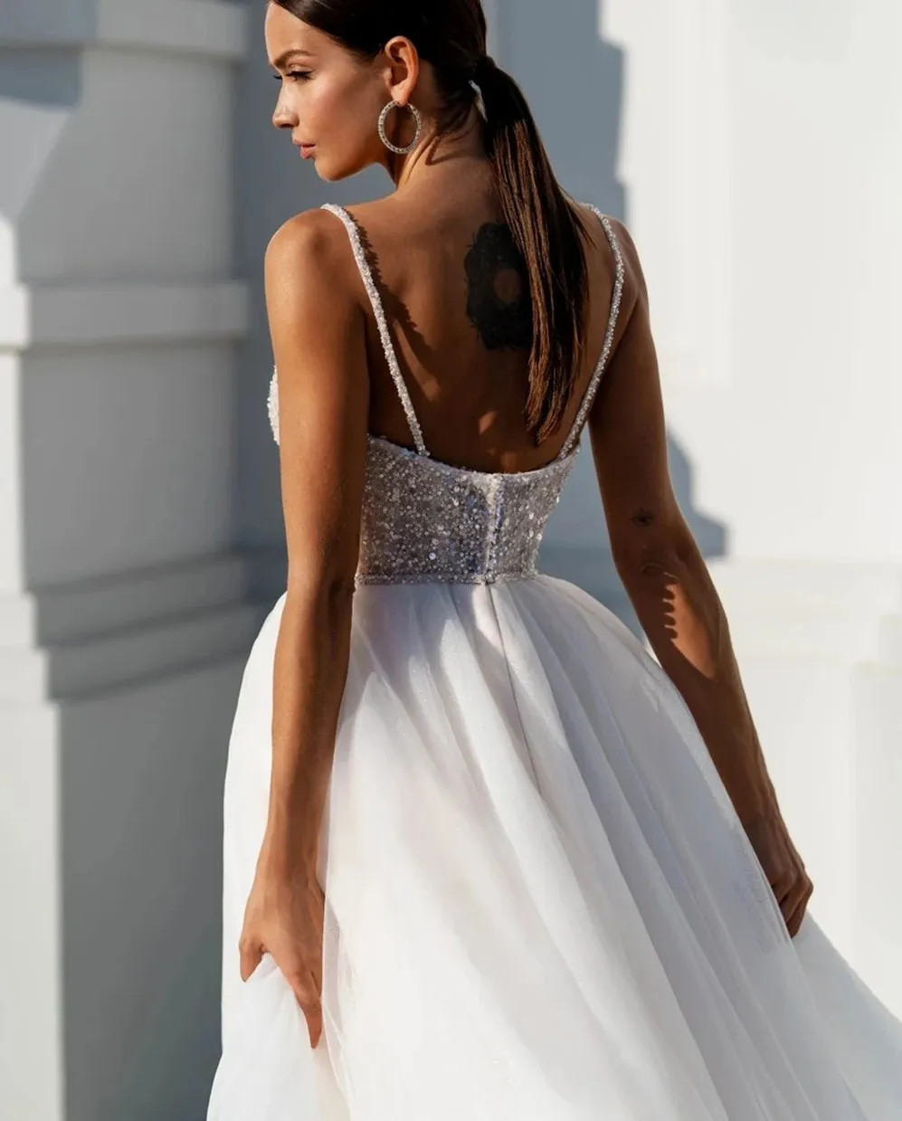 Sexy Boho Wedding Dress V-Neck Spaghetti Straps Lace Sequins Beaded Birdal Gowns