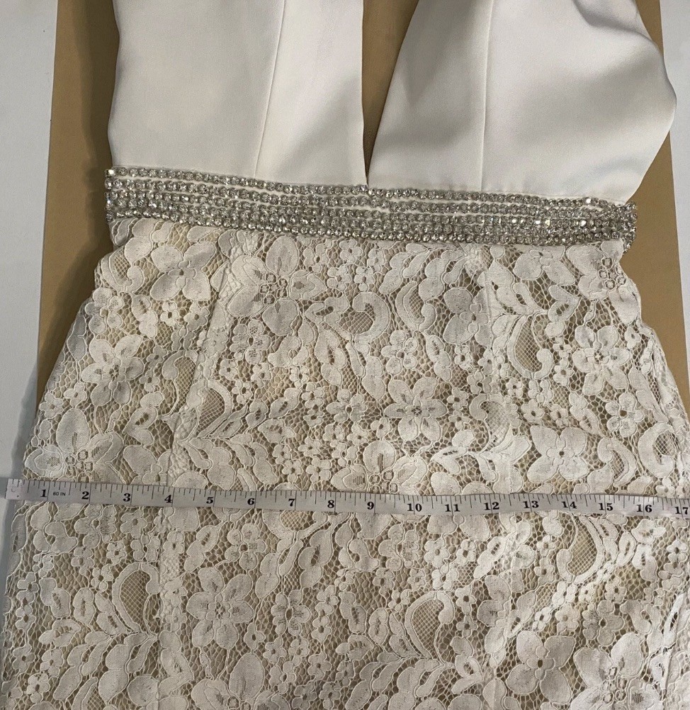 Azaria Bridal Gown Dress Satin halter V-Neck Beaded Belt Trumpet Lace Over Nude