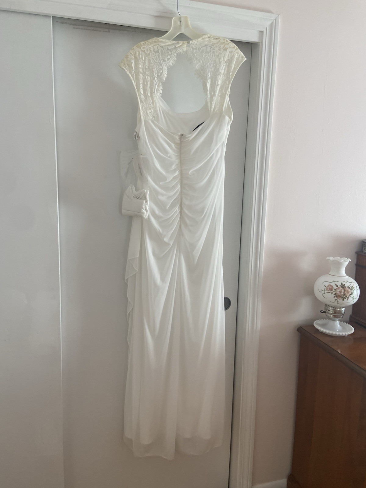 Davids Bridal DB Studio White Cap Lace Sleeve Wedding Dress Empire Bodice V Back