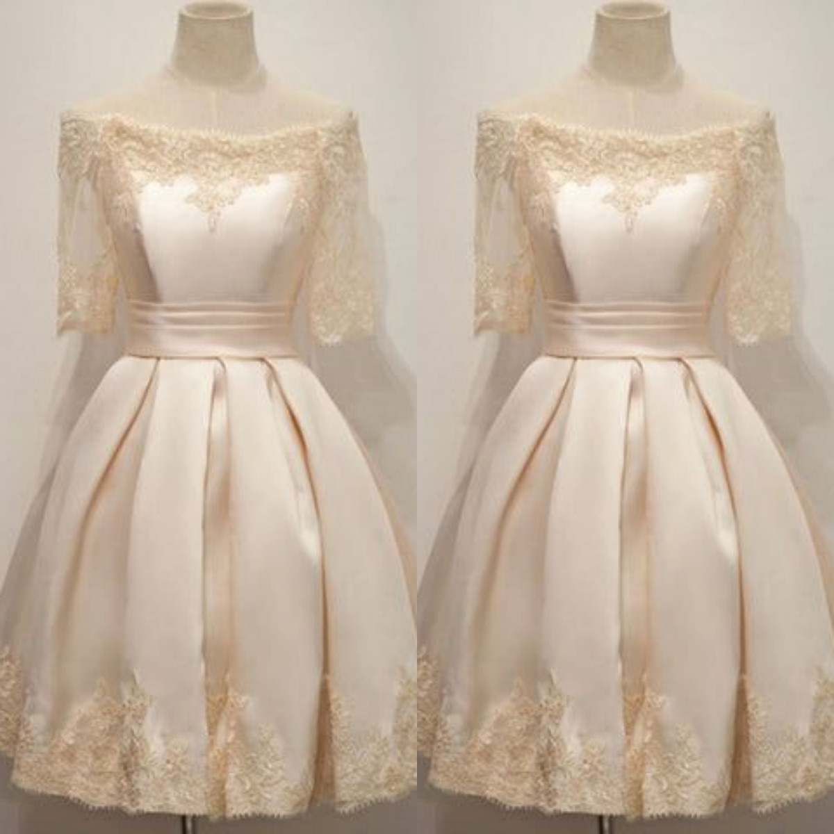 Champagne Short Wedding Dresses Off Shoulder Half Sleeves Satin Bridal Gowns