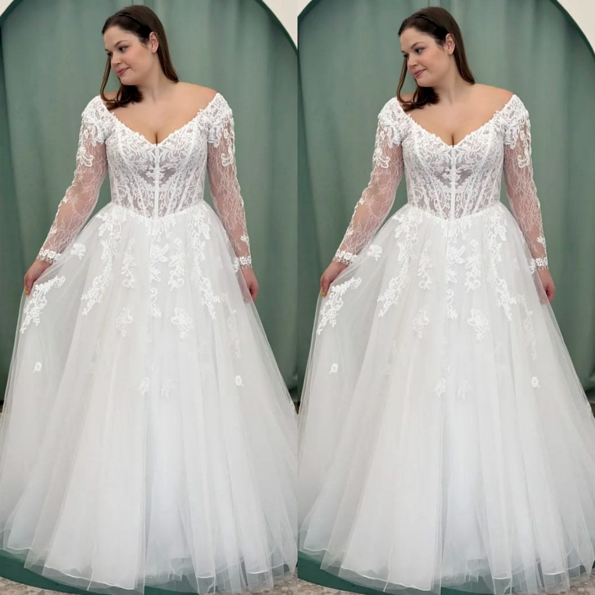 Classic Wedding Dresses Long Sleeves V Neck White Ivory Lace up Bridal Gowns