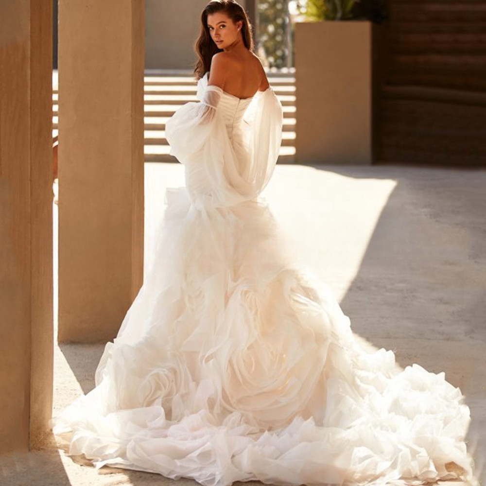 Strapless Mermaid Wedding Dresses Backless Pleats Ruffle Sweep Train Bridal Gown