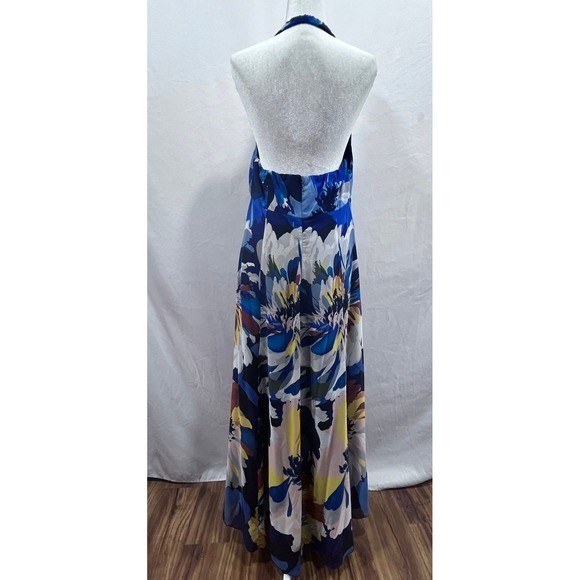 Jones New York Dress Blue Floral Halter Maxi Dress Ruffle V-Neck Size 12 Wedding