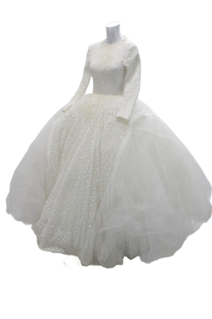 Edgardo Womens Back Zip 3/4 Sleeve Embroidered Tulle Wedding Dress White Small