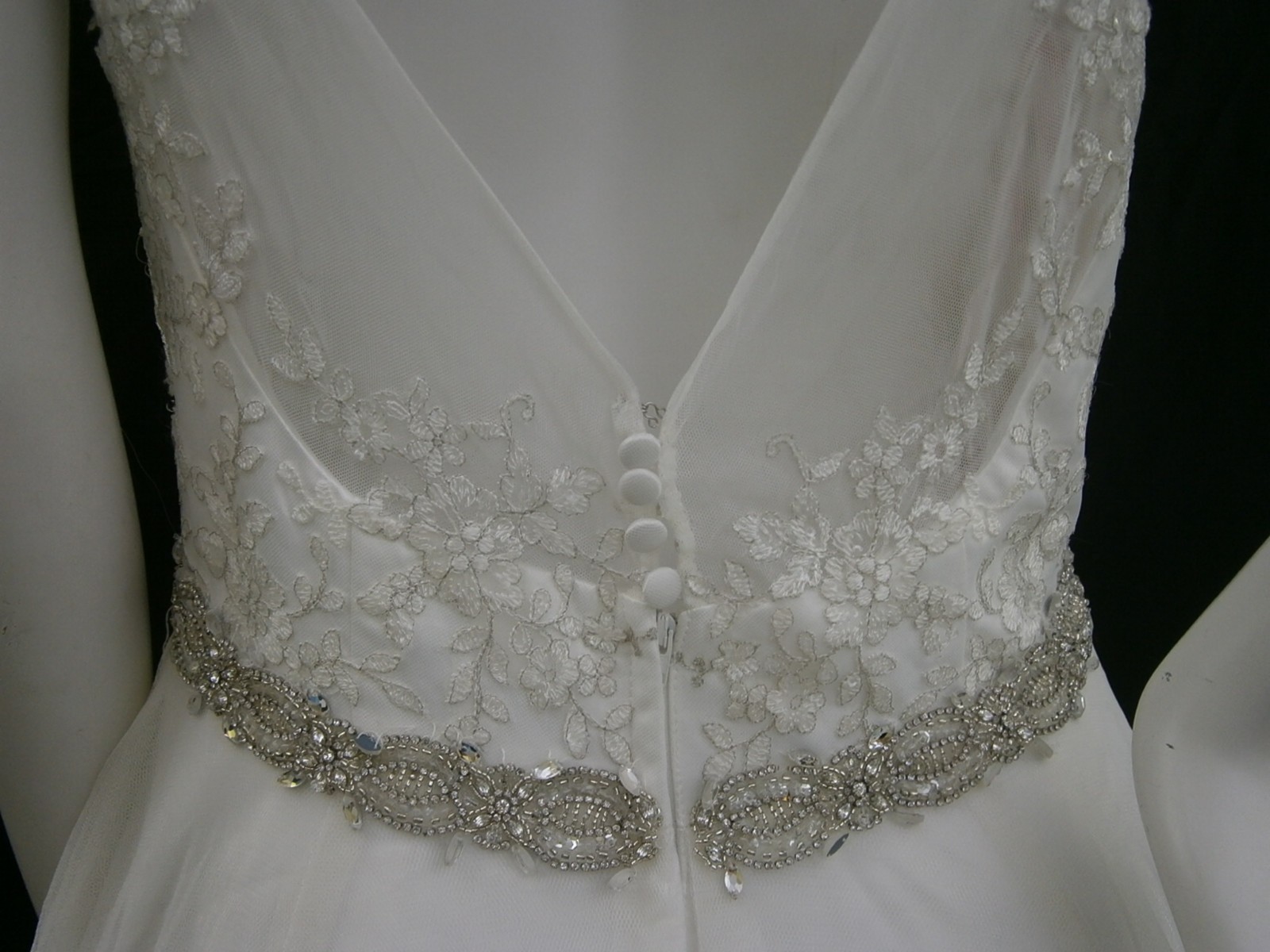 DaVinci Wedding Dress 10-12 Off-White Tulle Ball Gown Bling Belt Illusion Modern