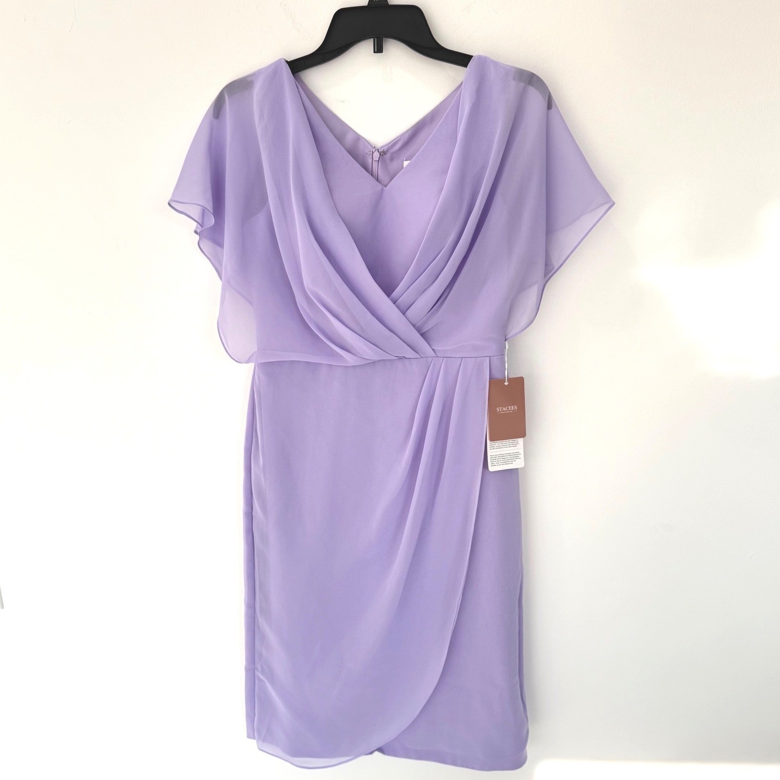 NWT STACEES Lilac Chiffon Draped Midi Dress Wedding Guest size 0 Mother Of Bride