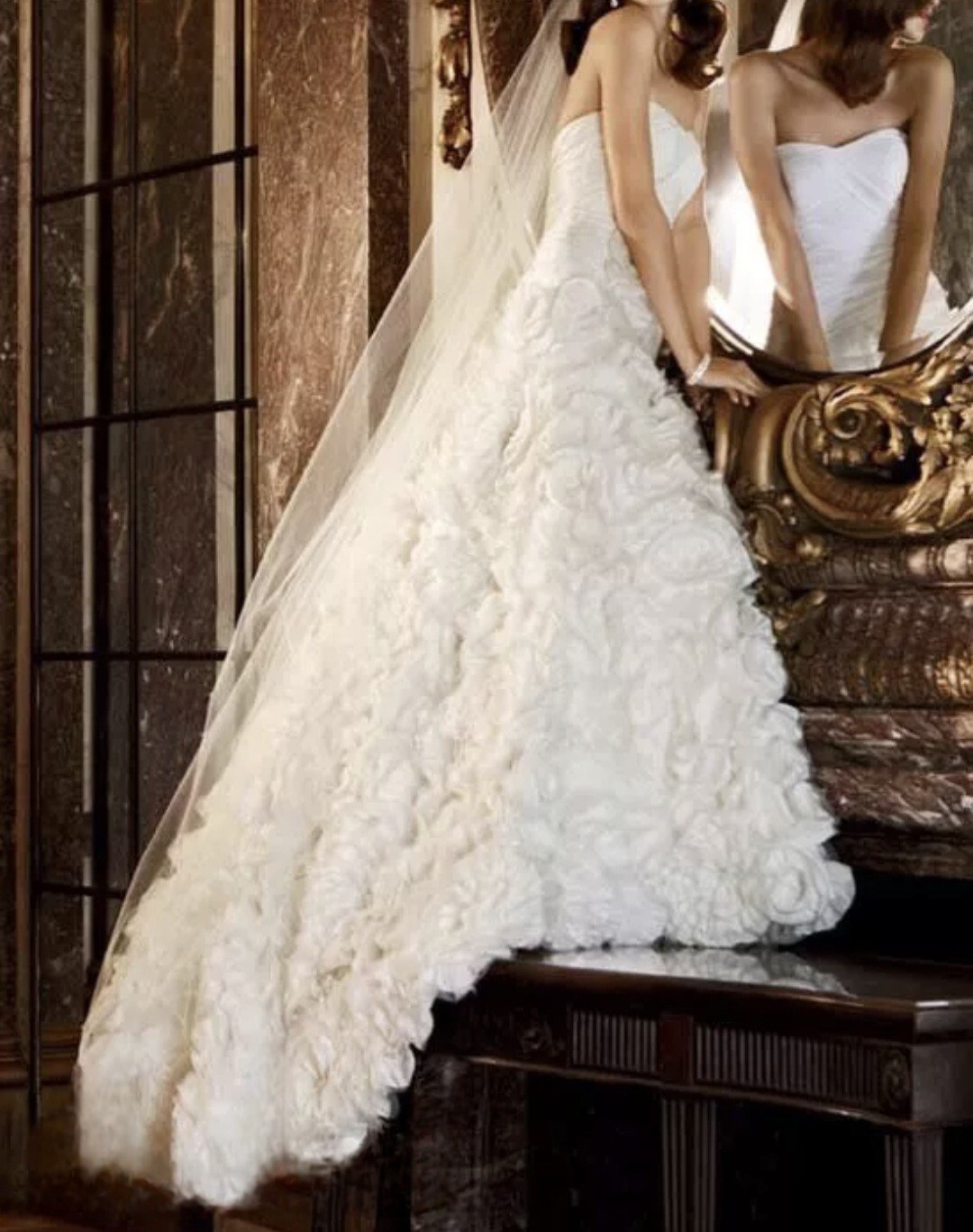 Galina Signature Ivory Strapless Embellished Floral Applique Bridal Gown Sz 16