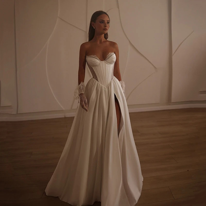 Sexy A-Line Wedding Dresses Sweetheart Lace Side Slit Princess Boho Beach Bridal