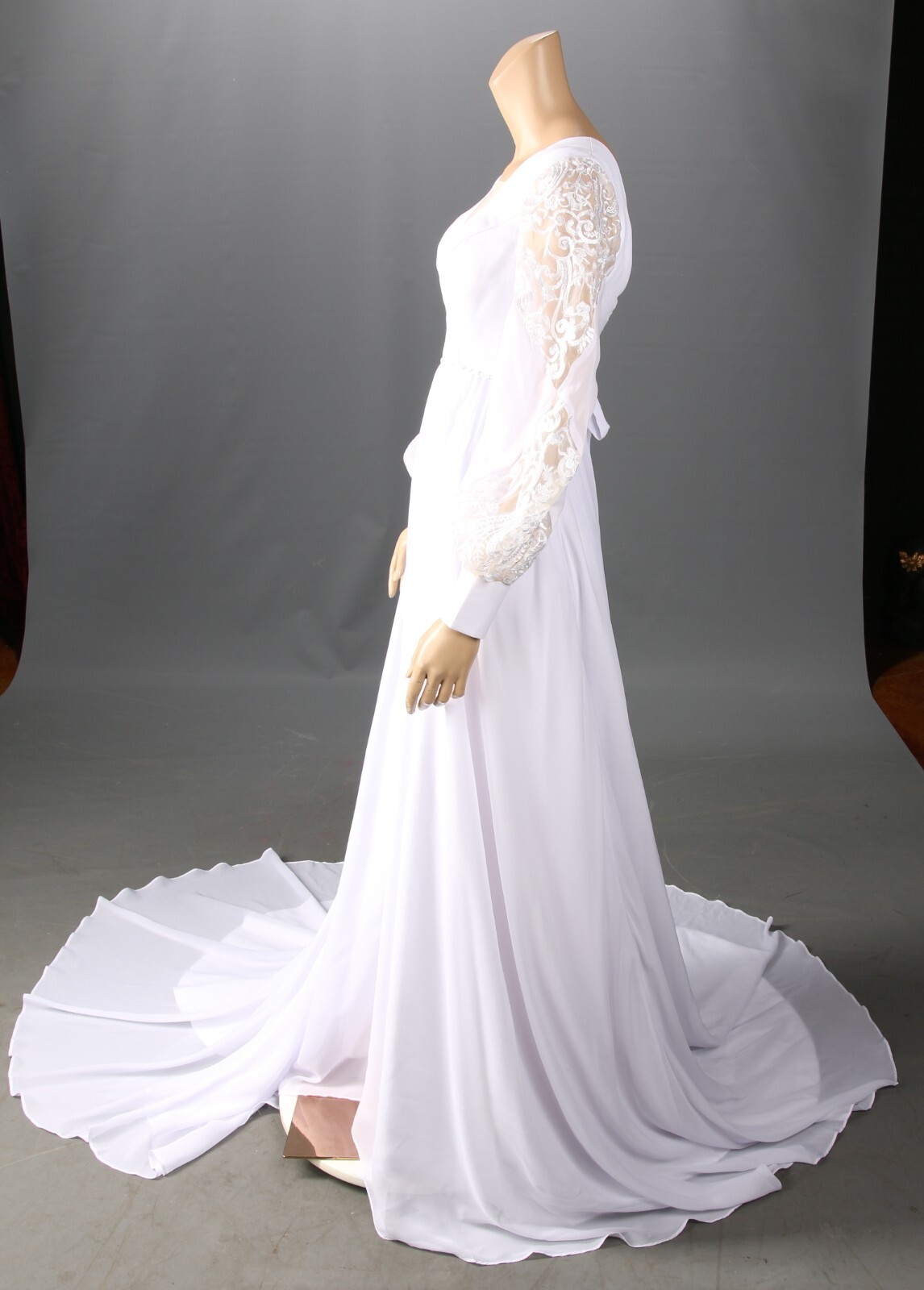 Unbranded Bishop Sleeve Sequin Plunge Chiffon V Neck White Wedding Dress sz 6