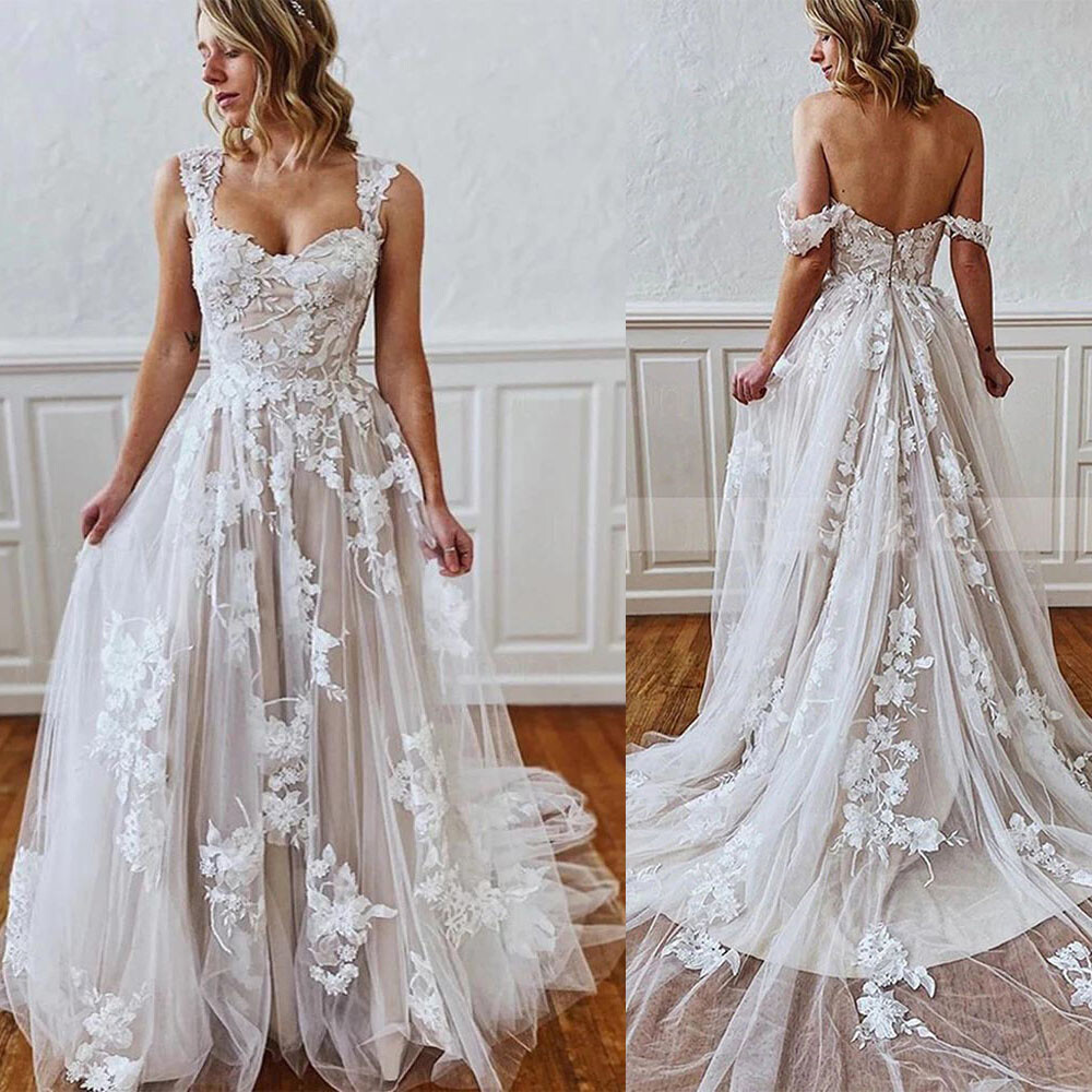 Beach Off the Shoulder Wedding Dresses Backless Lace Appliques Boho Bridal Gowns