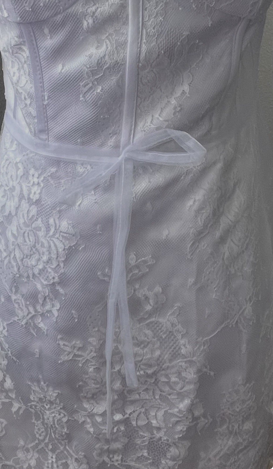 #20-11 White lace satin corset boning off the shoulder mini dress. Size:Small/6