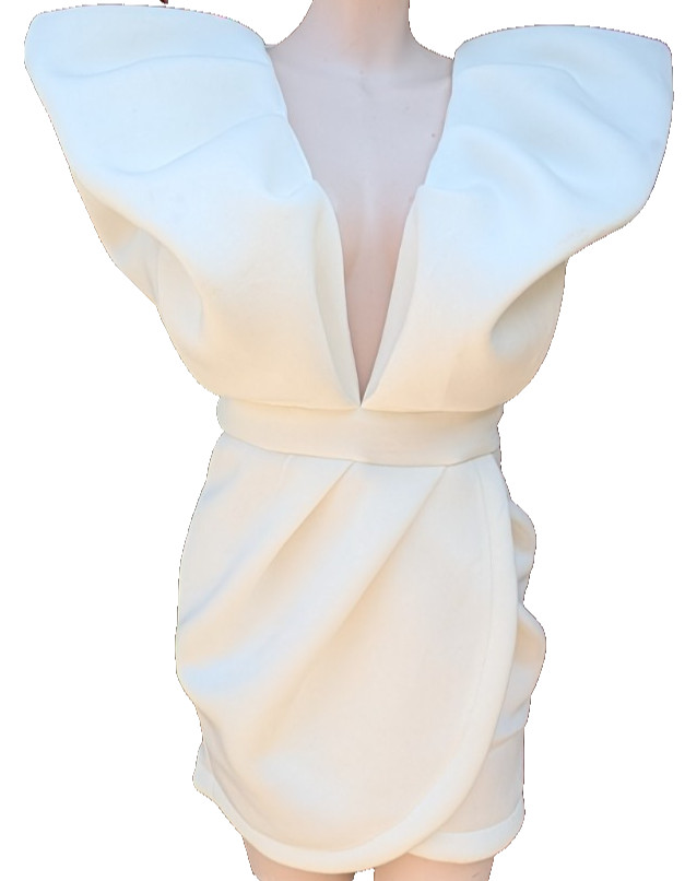Bridal Wedding Elegant Deep Plunge V-Neck High Low Puffy Ruffle Mini Dress White
